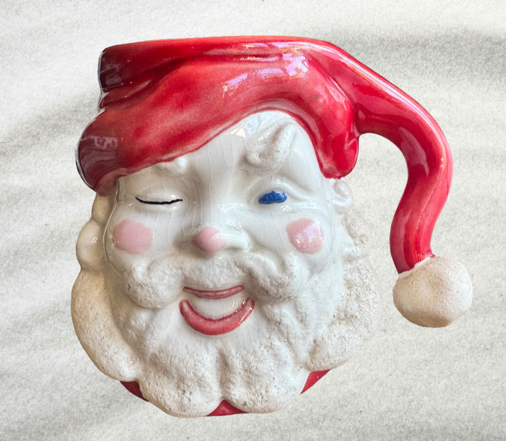 Vintage Santa Mug w/ Bright Red Handle Handmade & Handpainted 1967 for Christmas